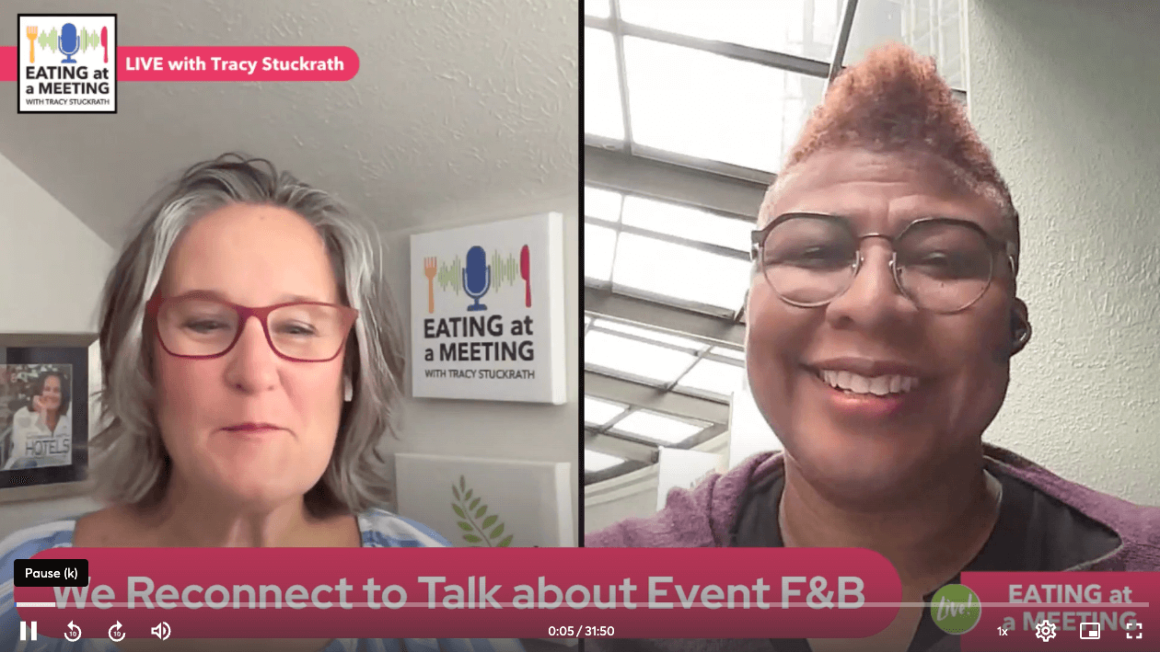 Two women on screen talking about "We Reconnect to Talj=k about Event F&B" and inclusive event dining